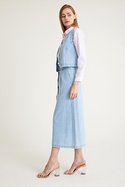 Olcay BLUE Denim Set - Stone Detailed Vest, Shirt and Skirt 9228-YTK