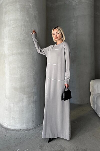 Olcay Pletené šaty s raglánovými rukávy – proužky, šedé 24206-E