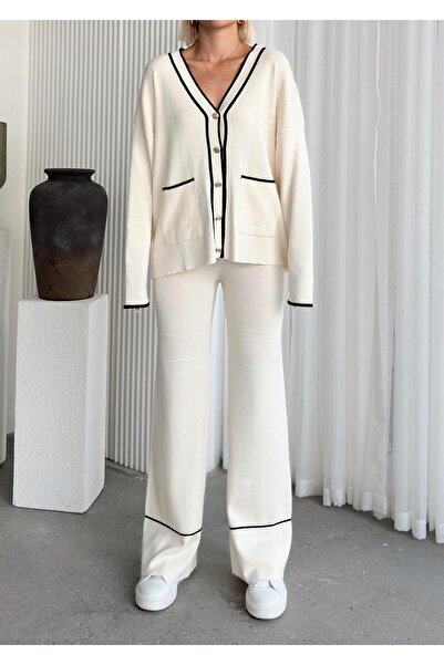 Olcay KRÉM V-nyakú csíkos részletes dupla kötöttáru szett - 9238-TK