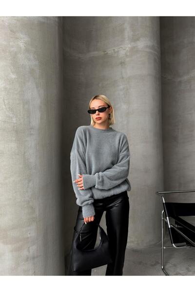 Olcay Soft Angora Look Loose Sweater - Crew Neck, Gray 8237