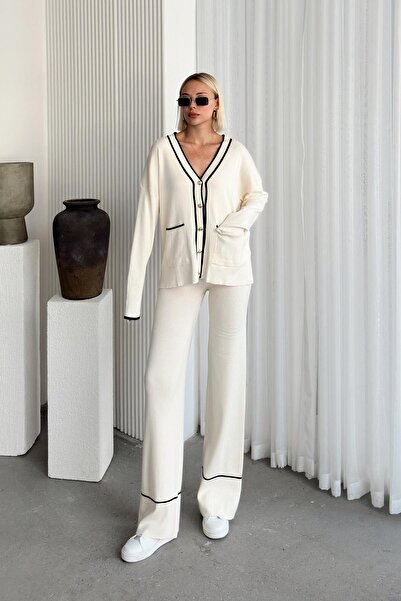 Olcay KRÉM V-nyakú csíkos részletes dupla kötöttáru szett - 9238-TK