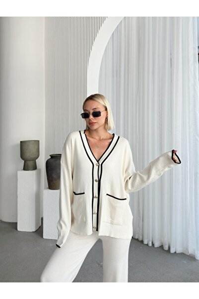 Olcay KRÉM V-nyakú csíkos részletes dupla kötöttáru szett - 9238-TK