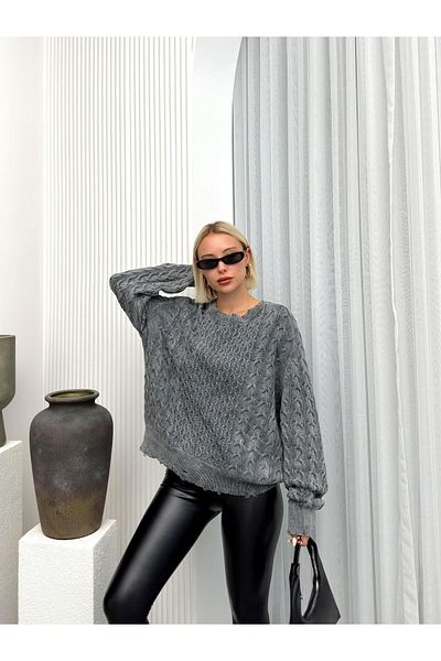 Olcay ANTHRACITE 8239 - Pulover din tricotaje învechite cu împletitură de păr, largi și tiv