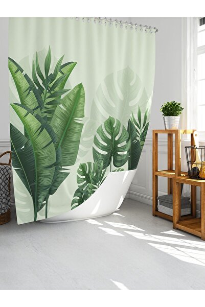 Tropikhome Banyo Duş Perdesi Tropikal Desen Yeşil Dijital Baskılı Banyo Perde...