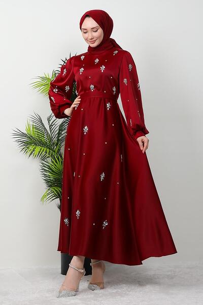 KAWEL Burgundy Satin Island Evening Dress