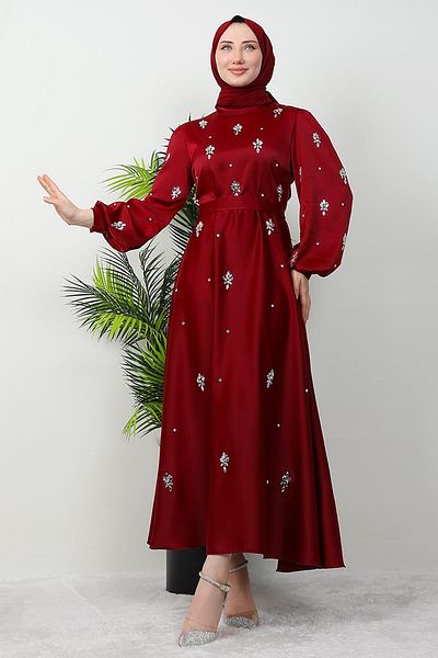 KAWEL Burgundy Satin Island Evening Dress