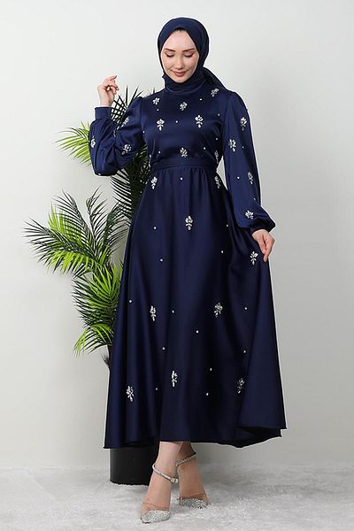 GİZ AGİYİM Navy Blue Satin Island Evening Dress