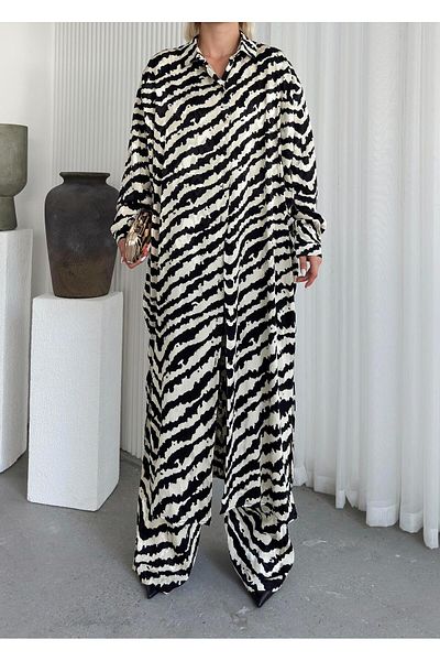 Olcay Silk Look Long Tunic Σετ δύο τεμαχίων - ΜΑΥΡΟ-ΜΠΕΖ 9255-TK