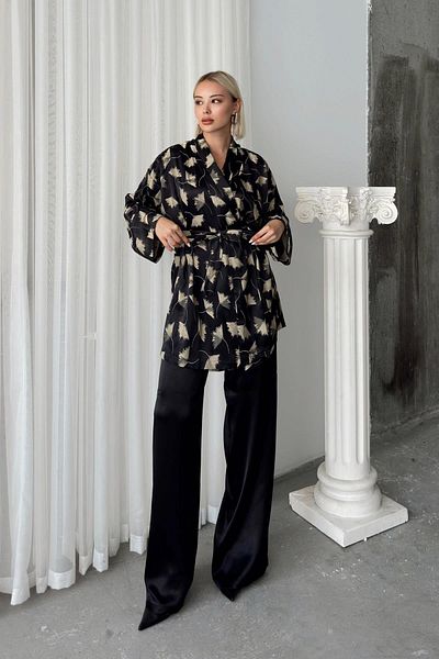 Olcay Black Silk Look Kimono Set - 9250-Tk