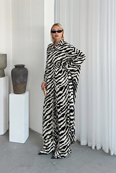 Olcay Silk Look Long Tunic Double Suit - Black-Beige 9255-Tk