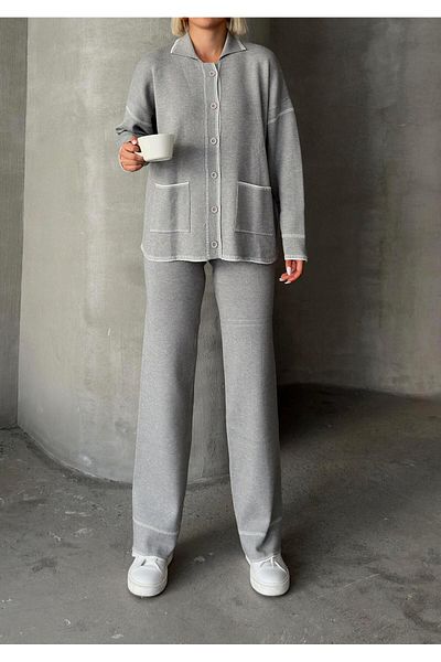 Olcay Gray Double Knitwear Set - Shirt Collar and Shepherd's Stitch 9239-Tk