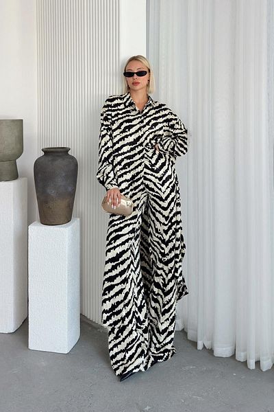 Olcay Silk Look Long Tunic Σετ δύο τεμαχίων - ΜΑΥΡΟ-ΜΠΕΖ 9255-TK