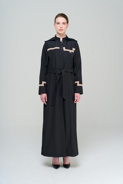 Olcay High Collar Detachable Hooded Garni Detailed Lined Long Trench Coat BLACK 4295