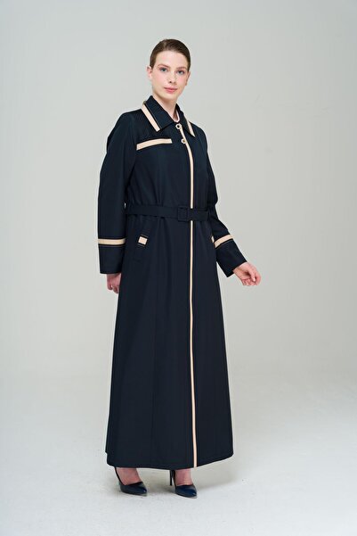 Olcay Garni inggallér és hálós részletek, nagy méretű, bélelt hosszú trencskabát SÖTÉTKÉK 4296