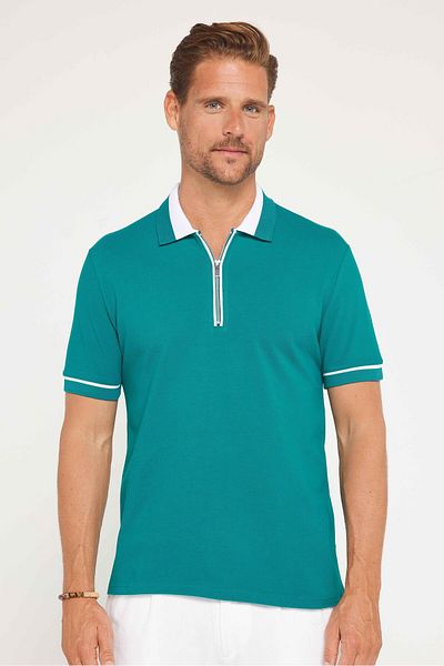 Tudors Pánské tričko Slim Fit Slim Fit 100% bavlna Plochá Pike Zelené Polo límec na zip