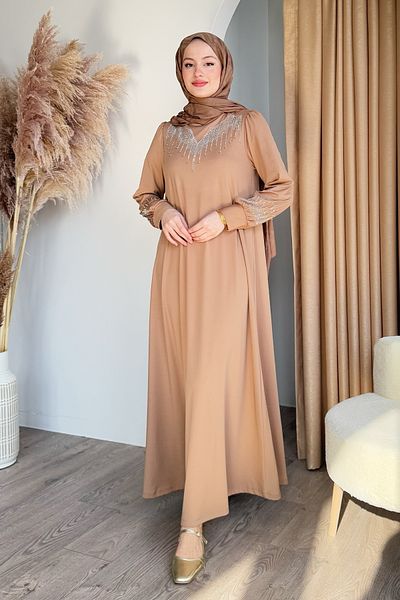 InStyle Rochie de scuba Camel cu perle cu strasuri