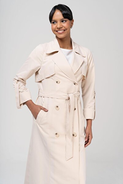 Olcay Płaszcz szczegółowy, dwurzędowy, wodoodporny, długi trencz bez podszewki BEŻOWY 6543