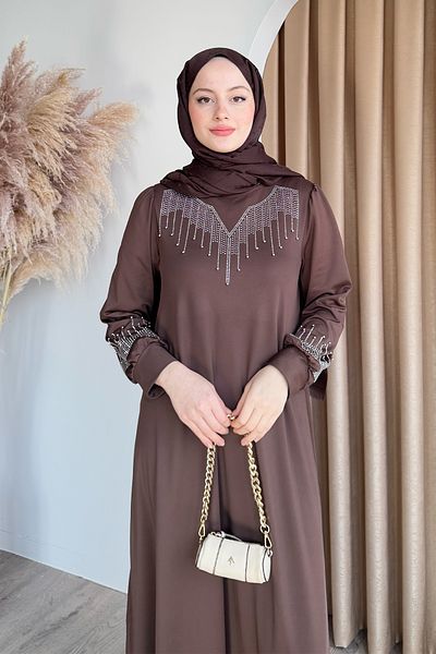 InStyle Φόρεμα Scuba Bitter Brown με πέτρες και πέρλες