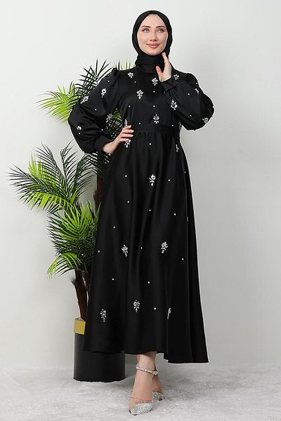 GİZ AGİYİM Black Satin Island Evening Dress