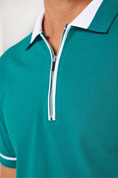 Tudors Ανδρικό μπλουζάκι Slim Fit Slim Fit 100% βαμβάκι Flat Pike με φερμουάρ πράσινο γιακά πόλο