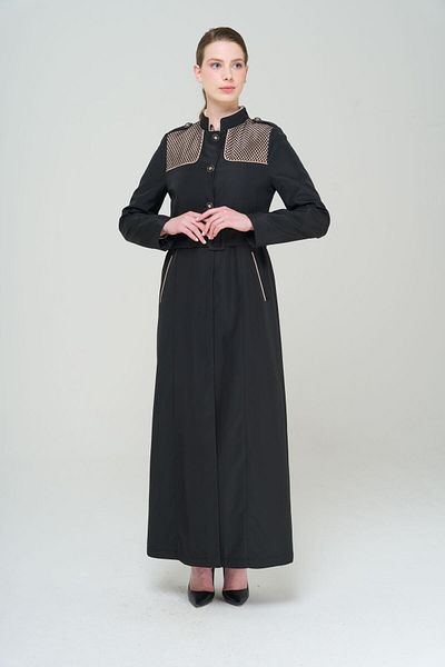 Olcay Judge Collar Epaulet and Mesh Detailed Lined Long Trench Coat BLACK 4294