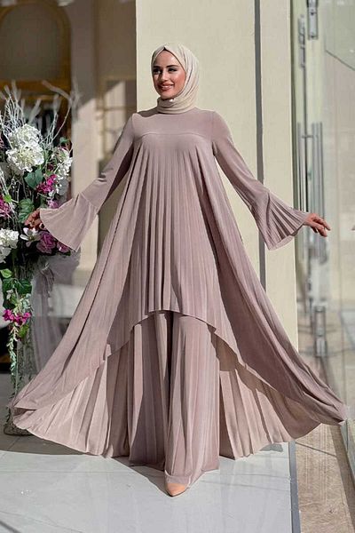 Bym Fashion Μακρύ τουνίκ και παντελόνι με λεπτομέρεια πιέτας 8575 - Mink