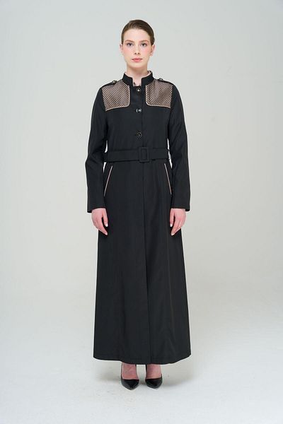 Olcay Judge Collar Epaulet and Mesh Detailed Lined Long Trench Coat BLACK 4294