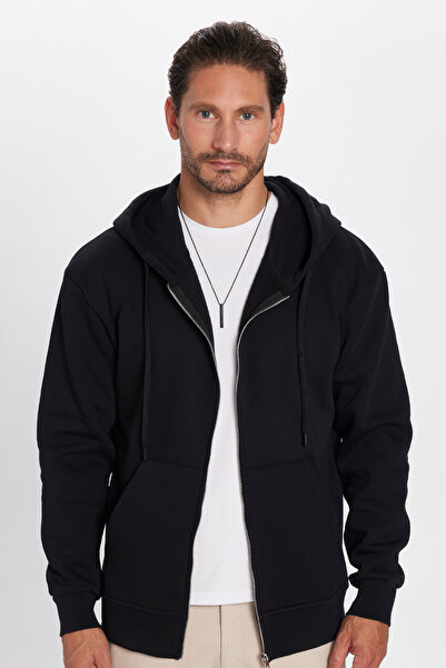 Tudors Unisex Relax Fit Rahat Kesim Pamuklu İçi Polarlı Çift Cepli Fermuarlı Siyah Kapüşonlu Sweatshirt