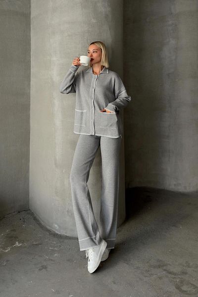 Olcay Gray Double Knitwear Set - Shirt Collar and Shepherd's Stitch 9239-Tk