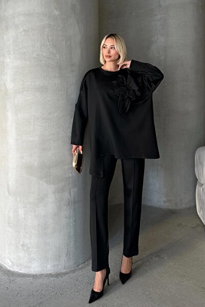 Olcay Black Scuba Fabric - Floral Applique Tunic and Trousers Set 7945-Tk