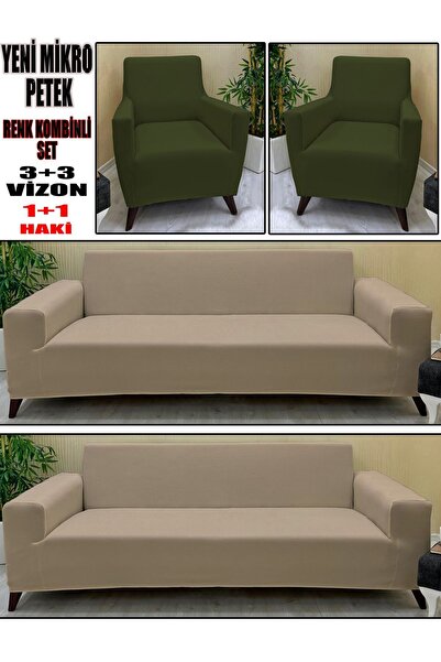KILIFSAN YENİ MİKRO PETEK KUMAŞ RENK KOMBİNLİ 2 ADET ÜÇLÜ-2 ADET TEKLİ KOLTUK KILIFI SETİ