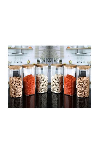 Karçiçeği Home Set of 6 1800 ml Bamboo Lid Square Glass Spice Rack Dragelic and Food Container 23X10 cm