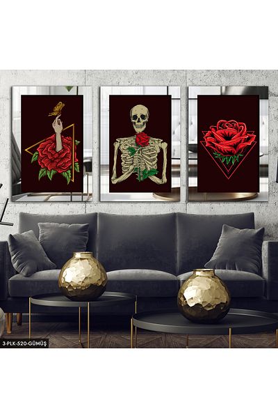 Evinemoda Skeleton Rose Silver 3 piese de pictură cu oglindă din plexiglas