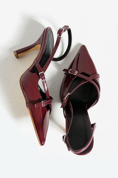 diclepolat Andel Claret Red Patent Leather Pointed Toe Belt Detailed Heeled Women's Shoes