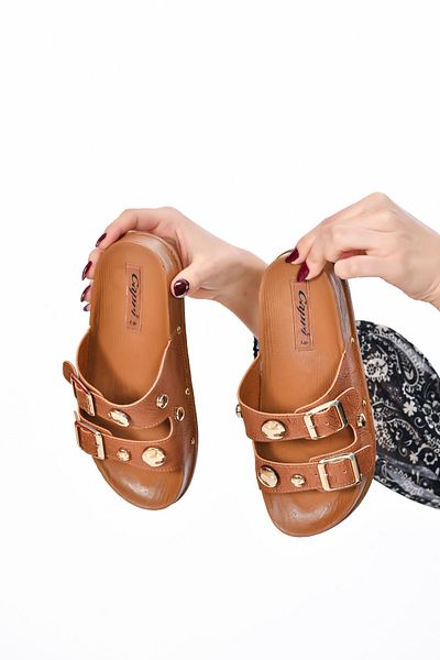 CAPRİ MODA Дамски чехли с ортопедична подметка с метален детайл и двойна катарама