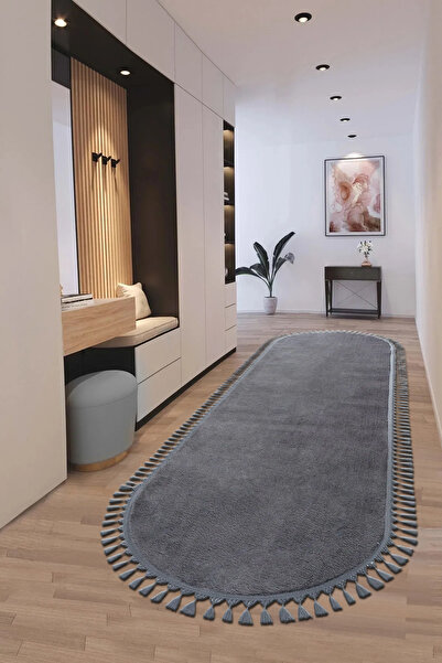 SARAZ HALI Puffy Antrasit Oval Örgü Saçaklı Peluş Yumuşacık Yıkanabilir Kayma...