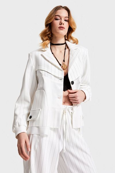 its basic Women's White Striped Color Double Breasted Design Jacket