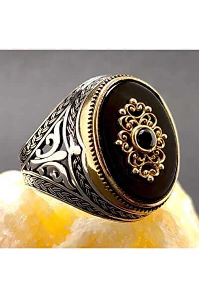 OSMANLI GÜMÜŞ Otantik Motifli Siyah Taşlı Erkek Gümüş Yüzük