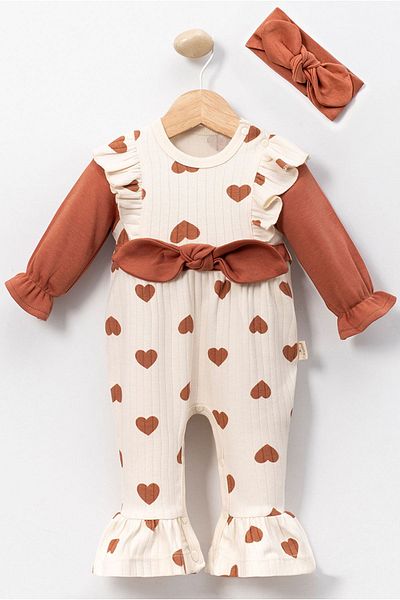 Minigimin Cicileri Big Heart Printed Cotton Girls Jumpsuit - Flowers of My Mini, Brown
