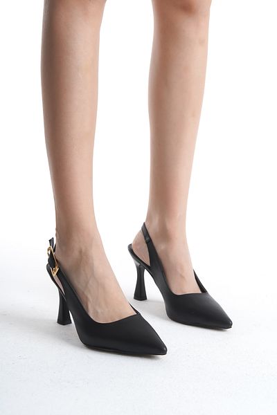 Saltopik Black Skin Pointed Buckle Heeled Shoes