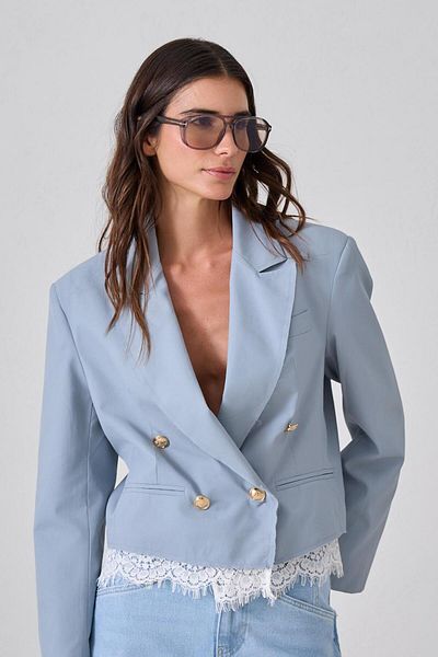 Setre Blue Asymmetrical Closure Lace Detail Long Sleeve Short Jacket