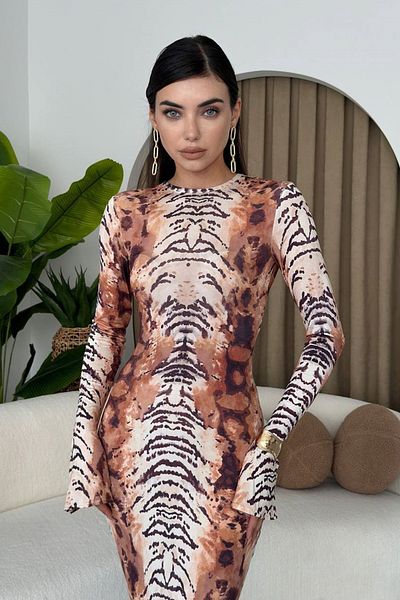 WOMAN VISION Γυναικείο βραδινό φόρεμα 324 με μακρυμάνικο μίντι υφασμάτινο ύφασμα με ψηφιακή στάμπα