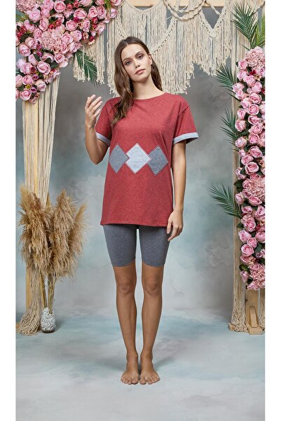 Doreanse Kadın Gri Melanj Tayt Bordo T-Shirt Pijama Takımı 25Y4076