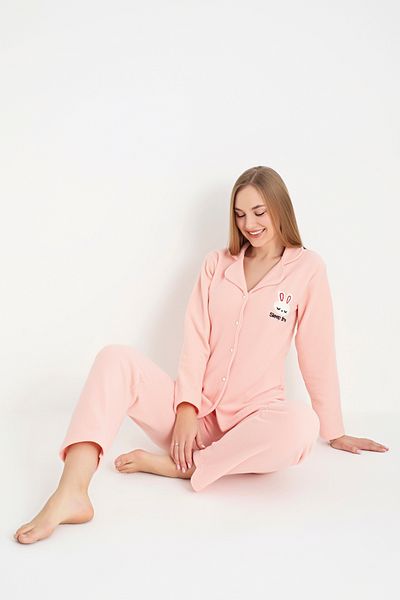 Sude HOMEWEAR Women's Tiny Rabbit Print Shirt Fleece Pajama Set