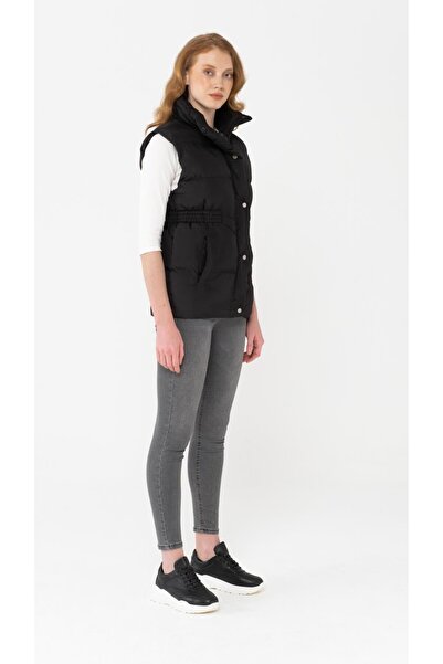 Olcay Short Puffer Vest with Gathered Waist Black 8204