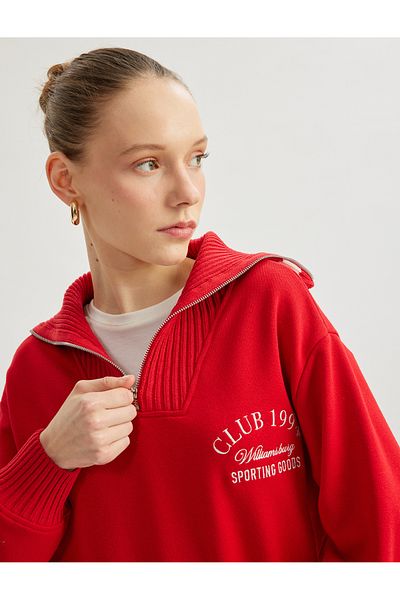 Koton Half Zipper Ribbed Oversize Stand Collar College Printed Sweatshirt
