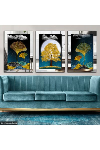 Evinemoda Pictură în oglindă din plexiglas cu flori abstracte din argint 3 piese