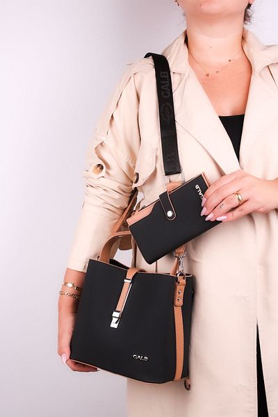 GALB LEATHER Дамска чанта за през рамо, черно-кафява, за ежедневна употреба, 4 отделения, магнитна, широка презрамка, среден размер
