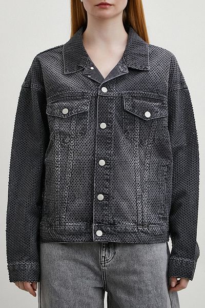 Never more Antiracite Stone Embroidered Denim Jacket