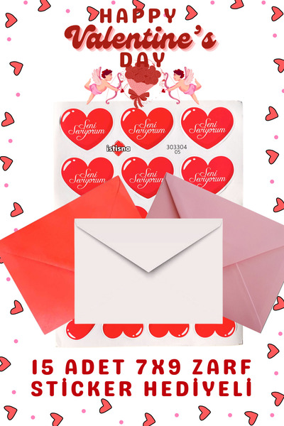 İstisna 15 Adet Sevgililer Günü 7x9 Zarf Sticker Hediyeli Tebrik Kartı Mektup...